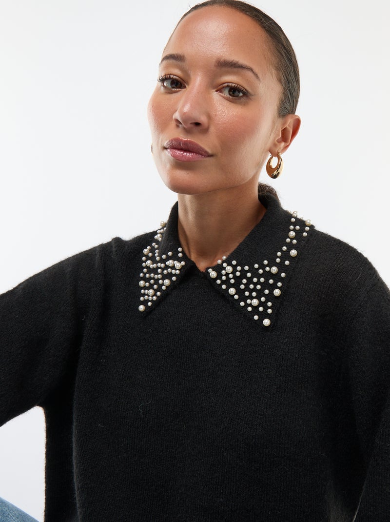 Camisola com gola adornada com pérolas 'JDY' Preto - Kiabi