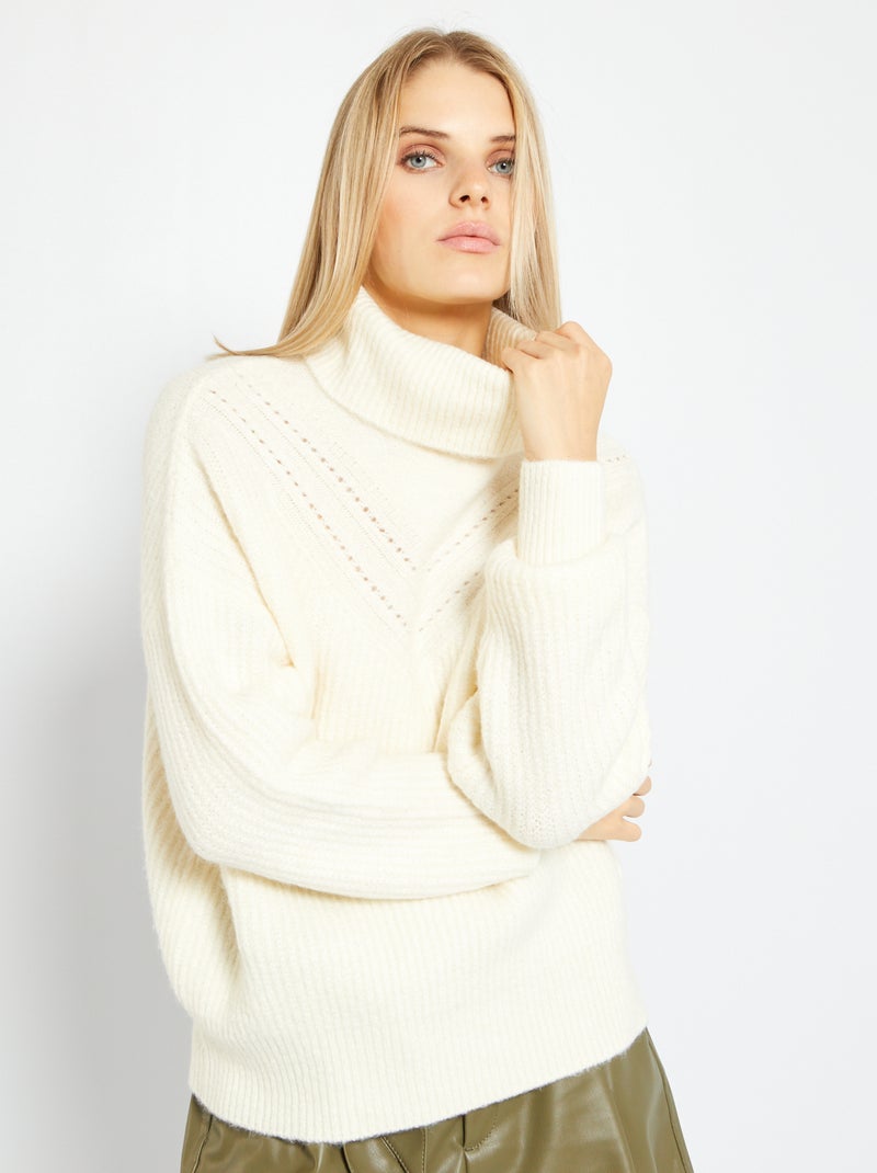 Camisola com gola alta larga e malha ajurada BRANCO - Kiabi