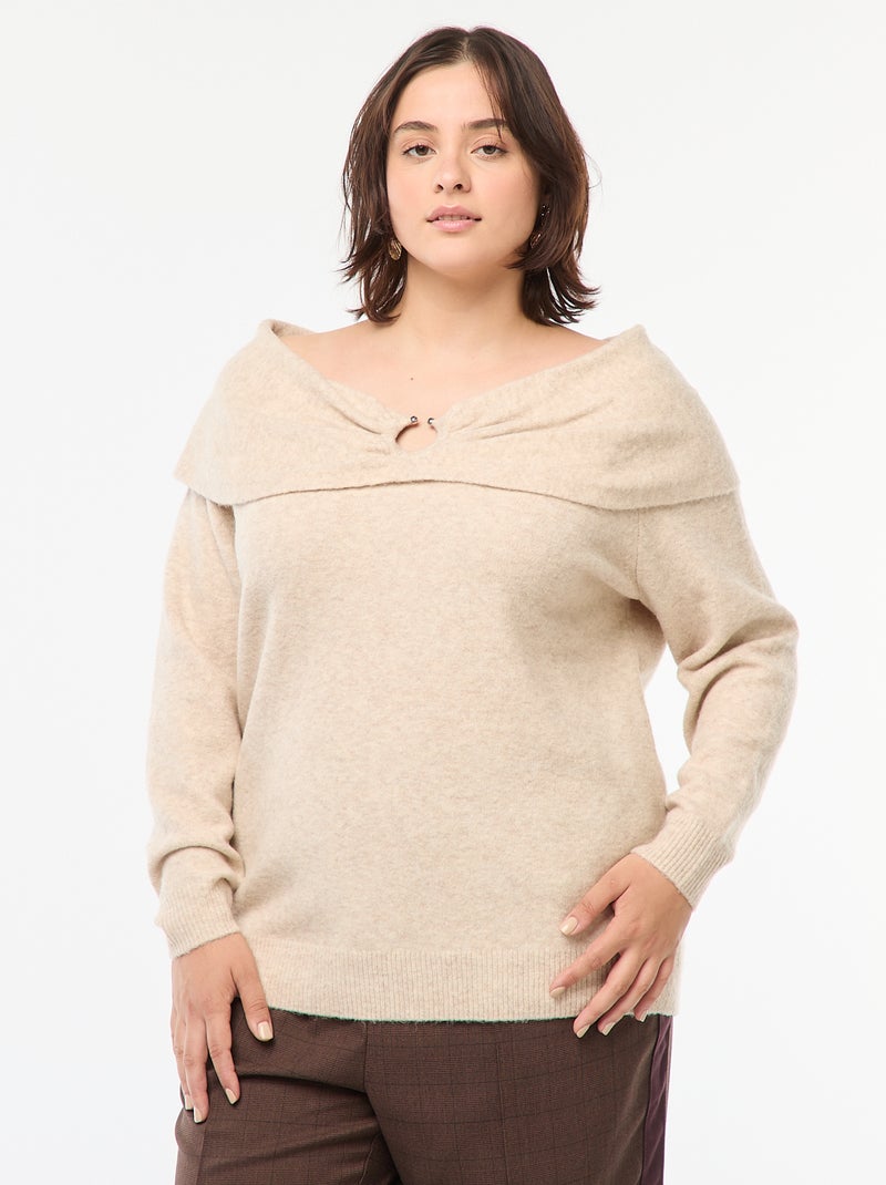 Camisola com gola bardot e pormenor frontal Bege - Kiabi