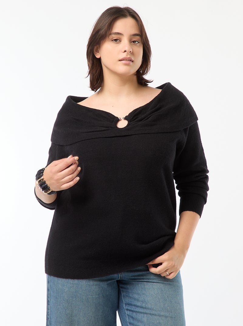 Camisola com gola bardot e pormenor frontal Preto - Kiabi
