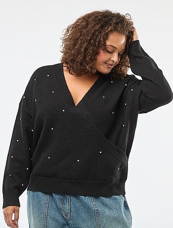Camisola com gola cache-cœur e strass fantasia
