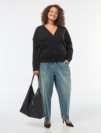Camisola com gola cache-cœur e strass fantasia