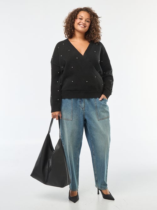 Camisola com gola cache-cœur e strass fantasia - Kiabi