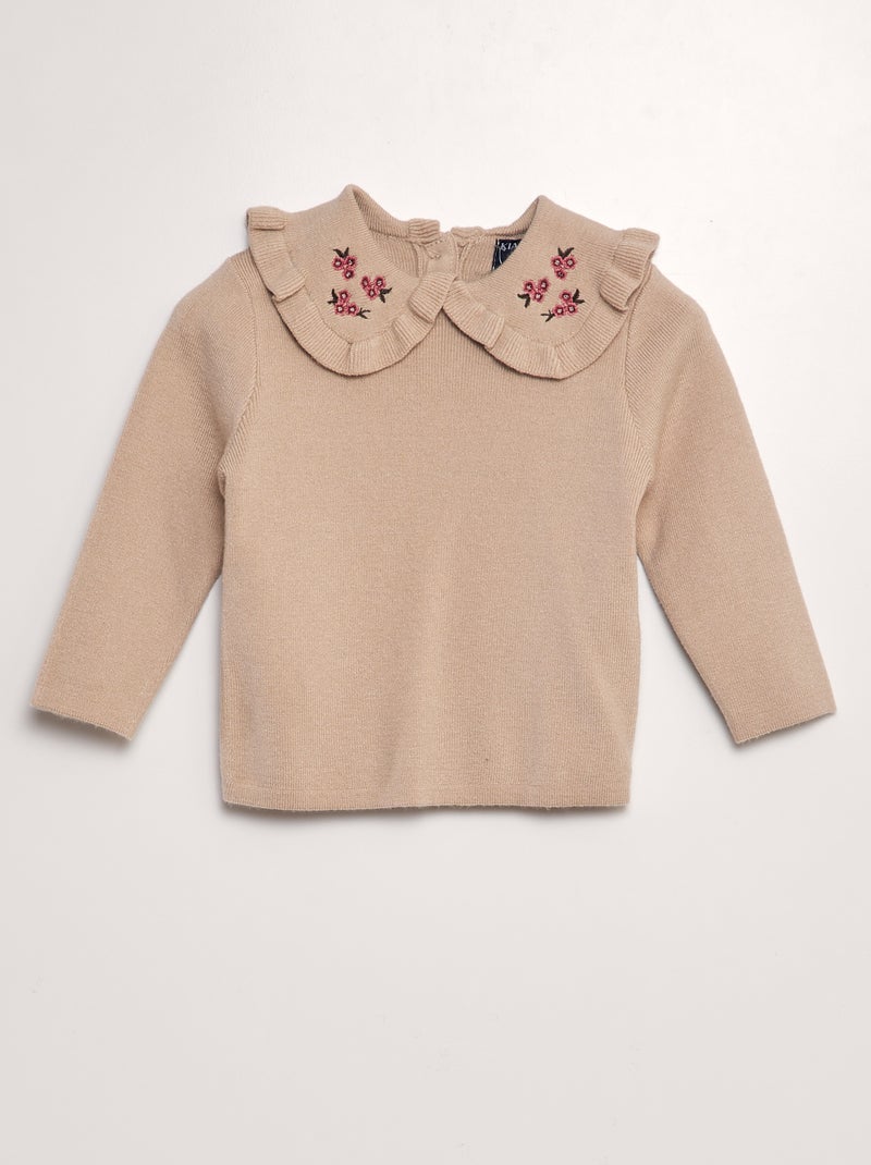 Camisola com gola claudine bordada BEGE - Kiabi