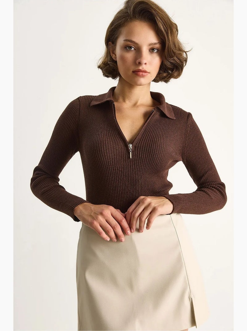 Camisola com gola com fecho de correr lucci Castanho-escuro - Kiabi