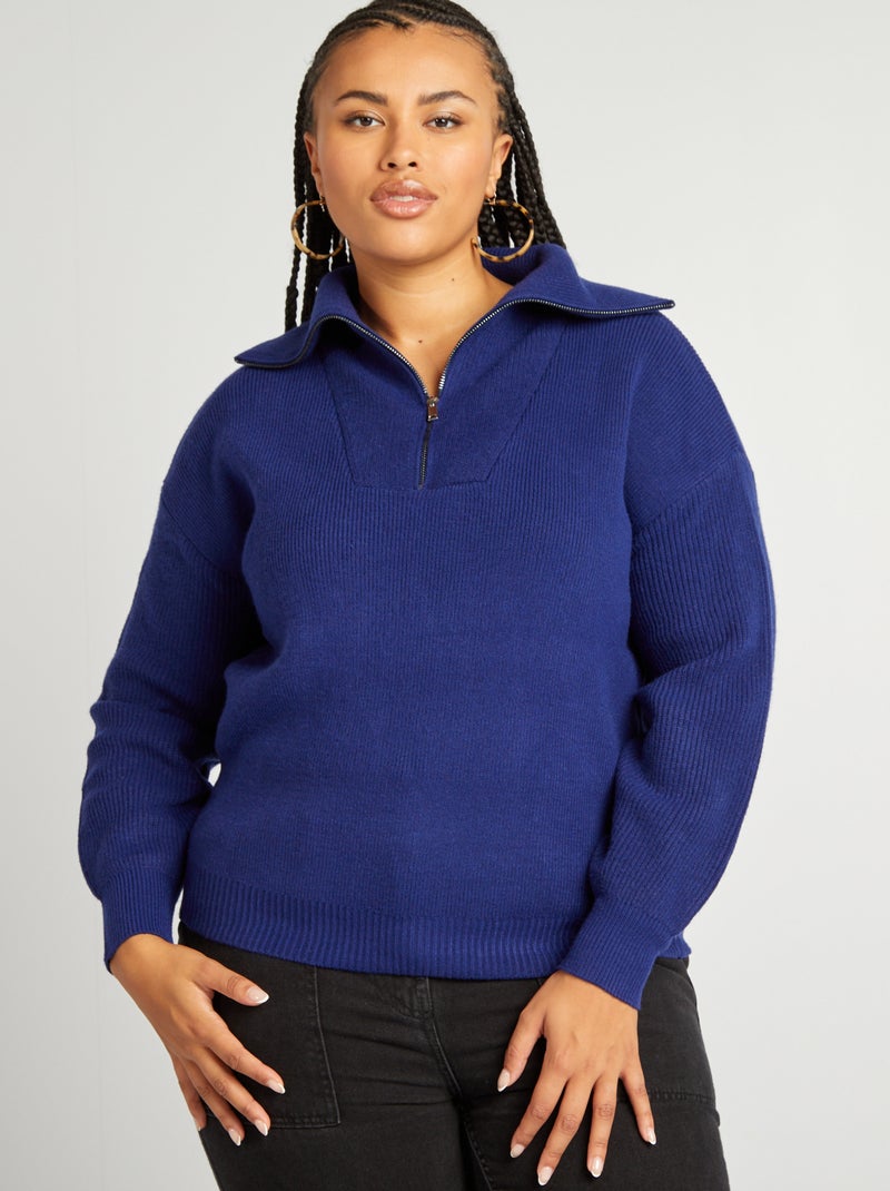 Camisola com gola de fecho de malha AZUL - Kiabi