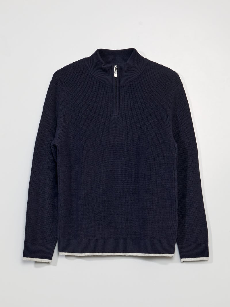 Camisola com gola de fecho em malha nervurada AZUL - Kiabi