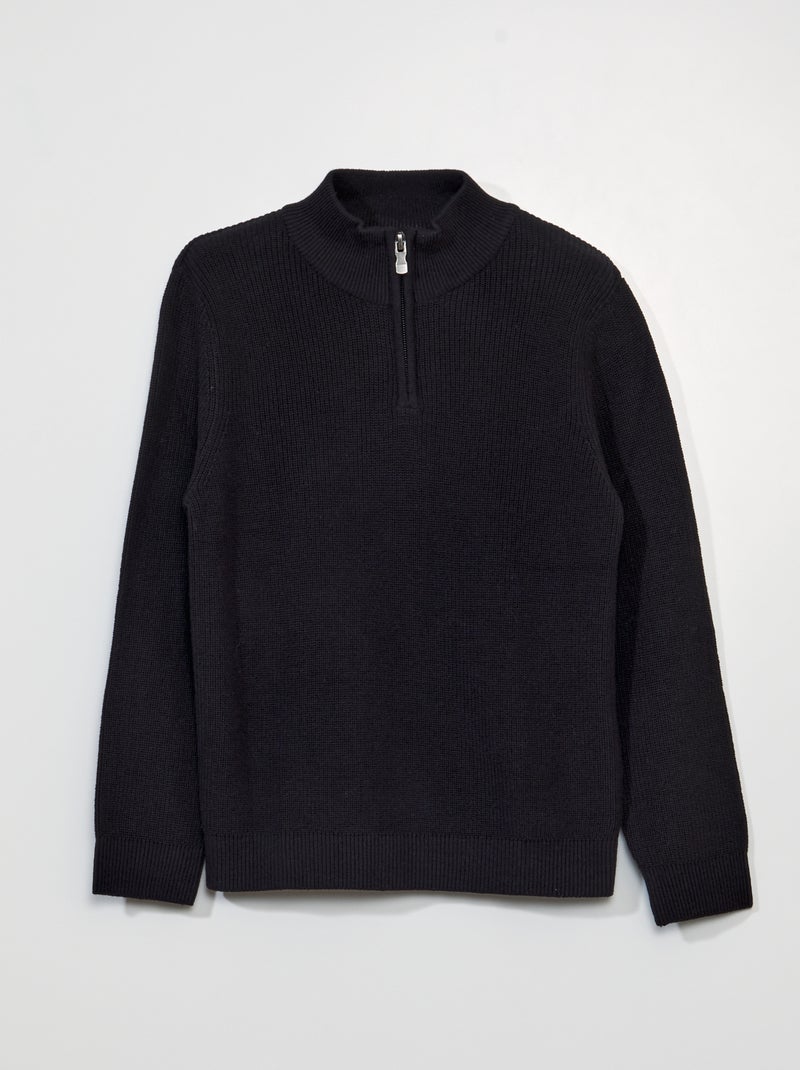 Camisola com gola de fecho em malha nervurada Preto - Kiabi