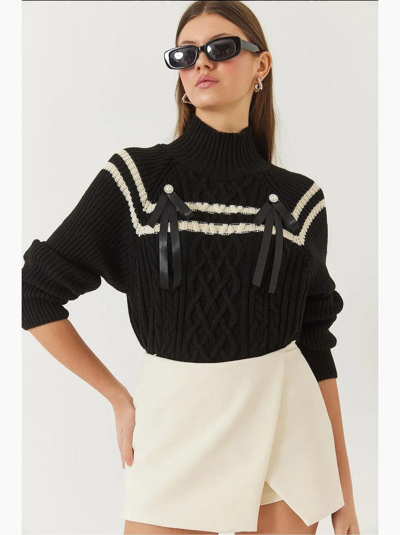 Camisola com gola de missangas e laço lucci Preto - Kiabi