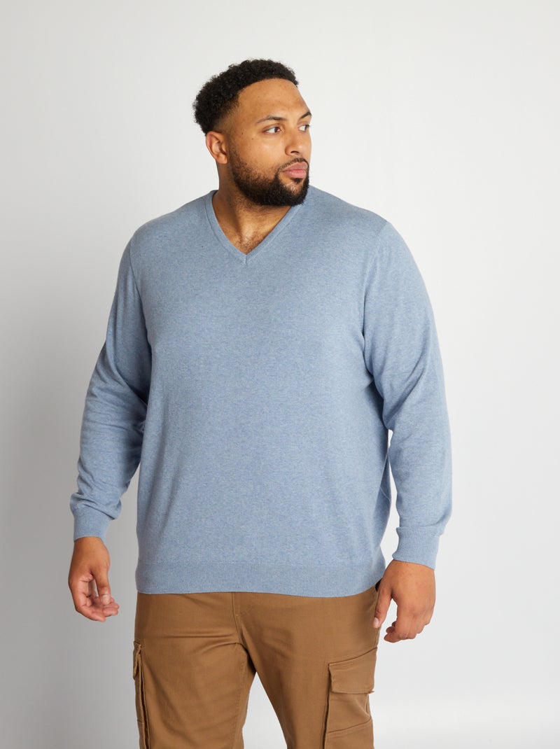 Camisola com gola em bico em malha fina amarela AZUL - Kiabi