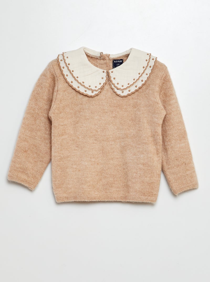 Camisola com gola em gaze de algodão BEGE - Kiabi