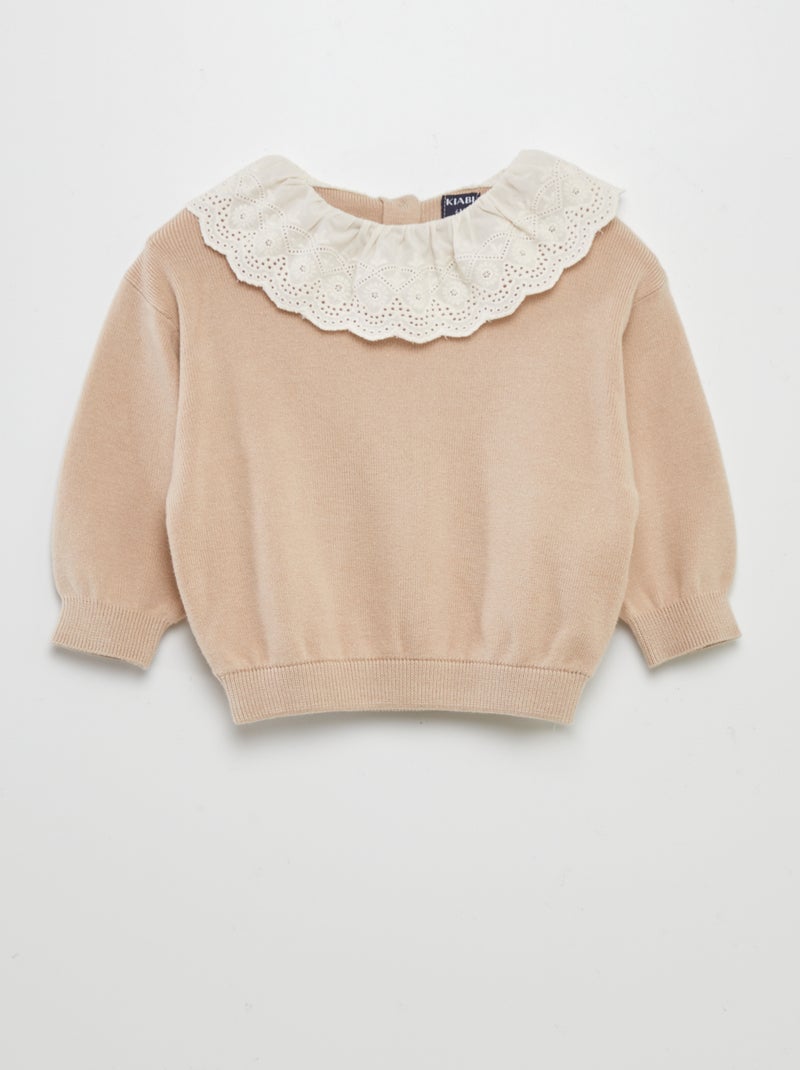 Camisola com gola em voile de algodão BEGE - Kiabi