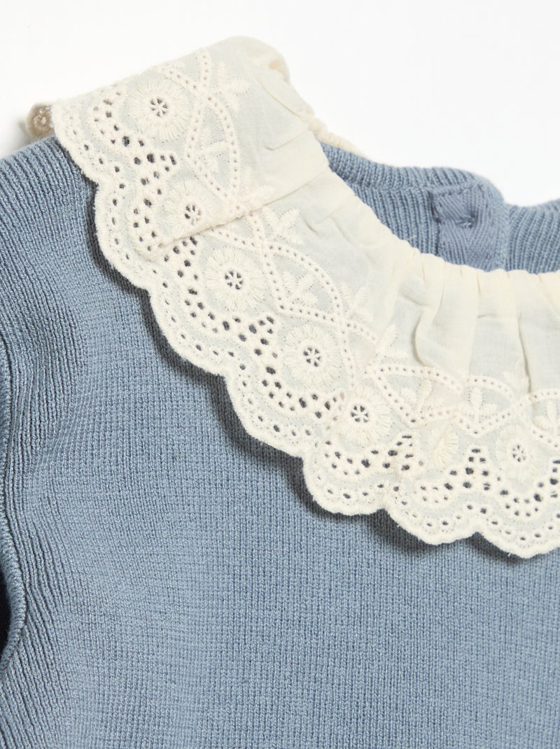 Camisola com gola fantasia em bordado inglês Azul - Kiabi