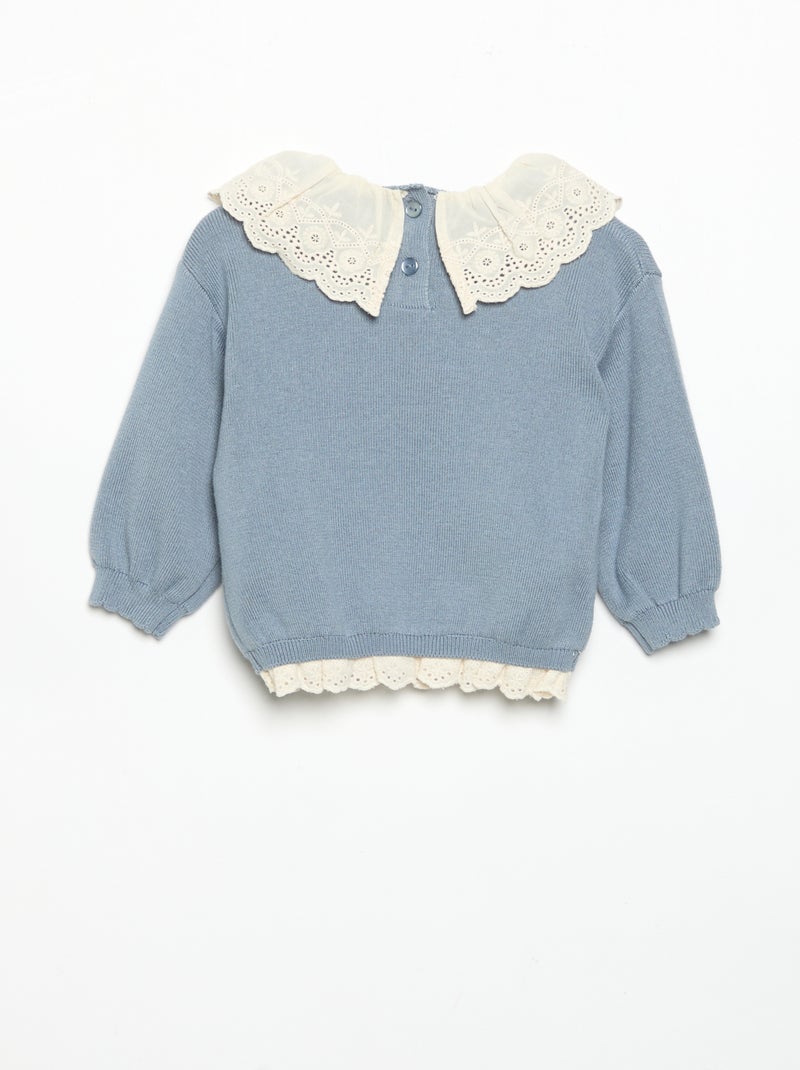 Camisola com gola fantasia em bordado inglês Azul - Kiabi