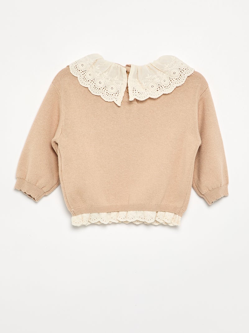 Camisola com gola fantasia em bordado inglês Bege - Kiabi