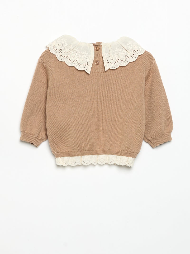 Camisola com gola fantasia em bordado inglês Castanho - Kiabi