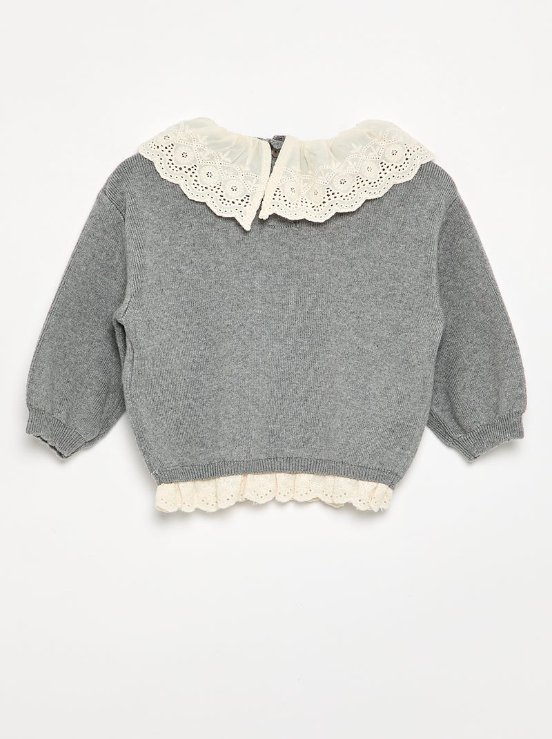 Camisola com gola fantasia em bordado inglês Cinza - Kiabi