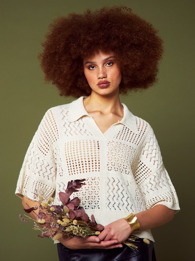 Camisola com gola polo em malha croché BEGE - Kiabi