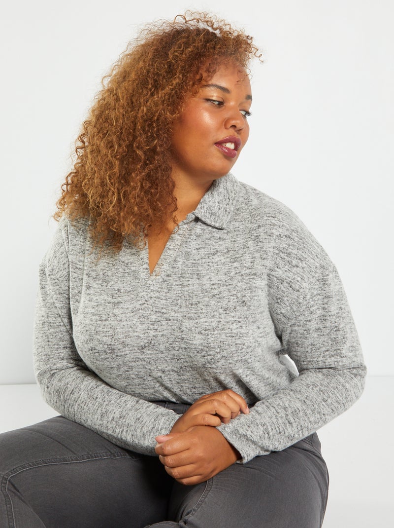 Camisola com gola polo em malha suave CINZA - Kiabi