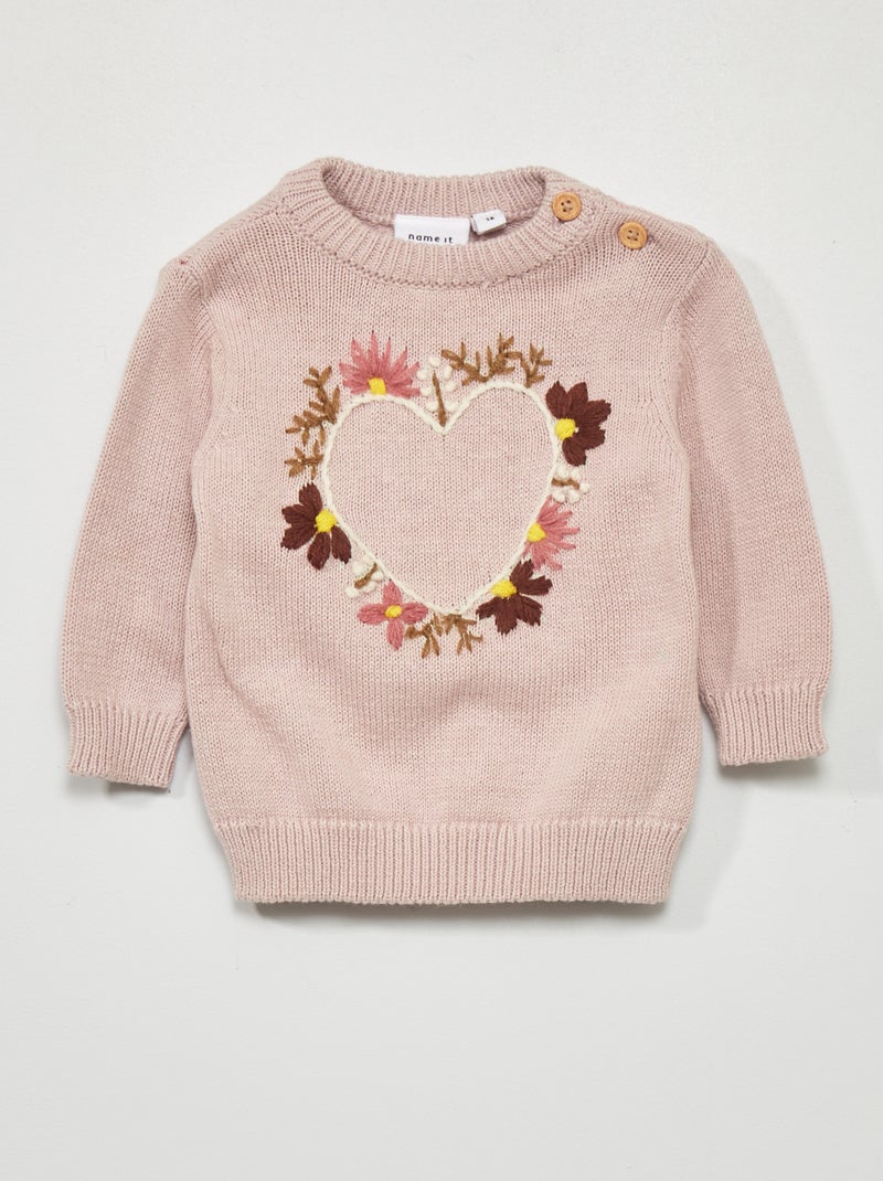 Camisola com gola redonda e bordado 'coração' ROSA - Kiabi