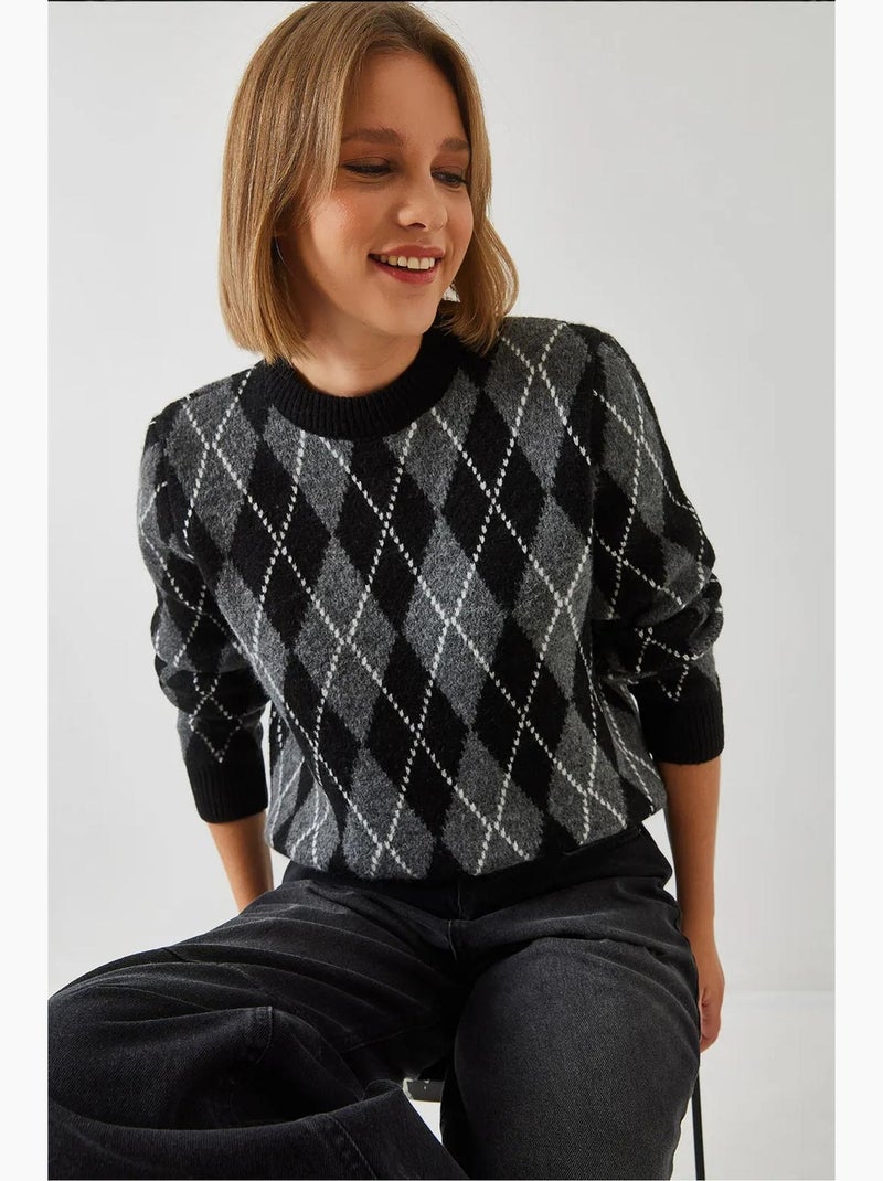 Camisola com gola redonda e estampado argyle lucci Cinza-preto - Kiabi