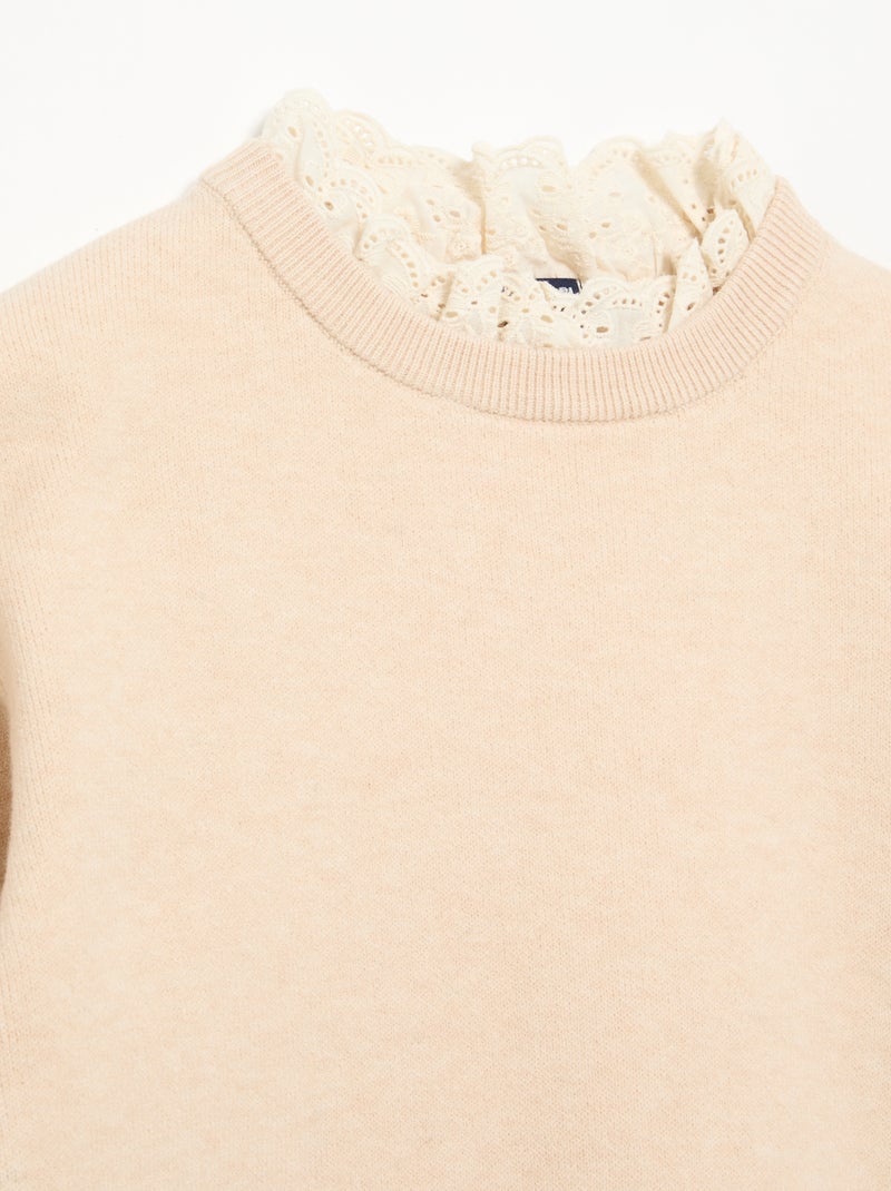Camisola com gola redonda efeito 2 em 1 em bordado inglês Bege - Kiabi