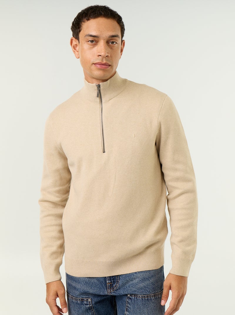 Camisola com gola subida e fecho Bege - Kiabi