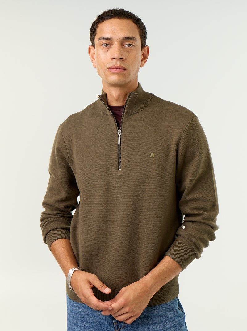Camisola com gola subida e fecho Caqui - Kiabi
