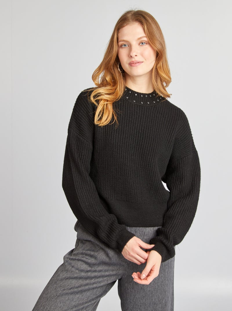 Camisola com joias na gola Preto - Kiabi