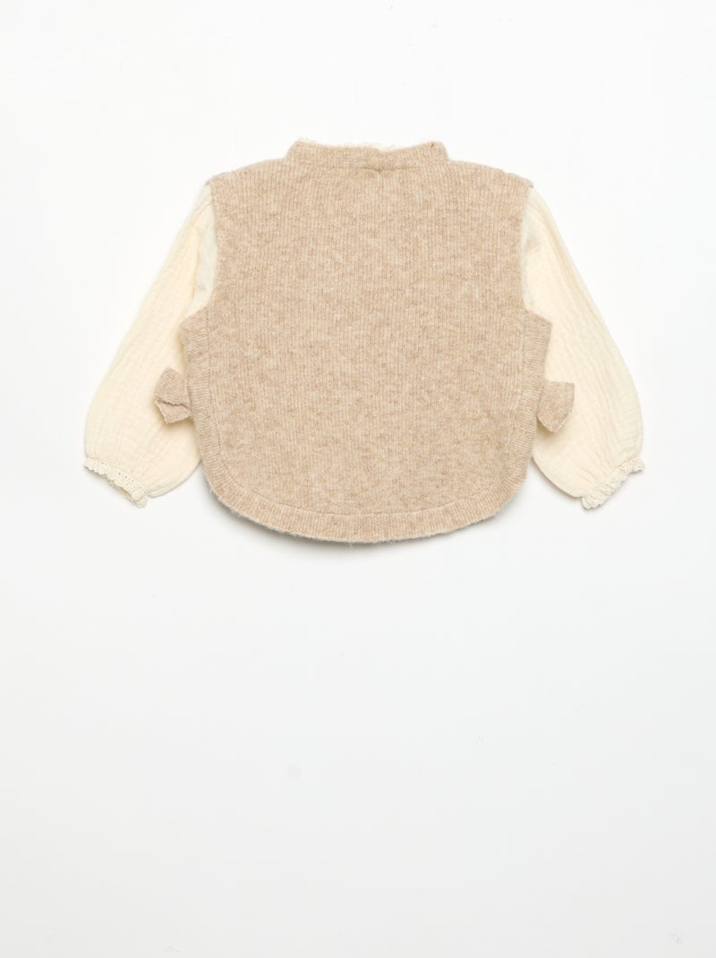 Camisola com laços e mangas em voile de algodão Bege - Kiabi