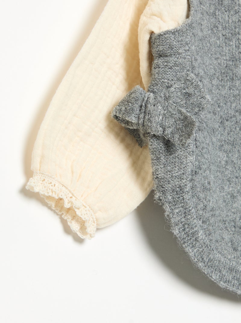 Camisola com laços e mangas em voile de algodão Cinza - Kiabi