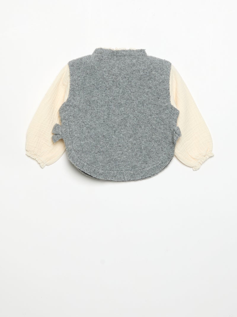 Camisola com laços e mangas em voile de algodão Cinza - Kiabi