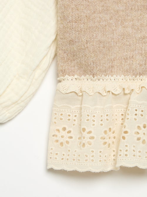 Camisola com mangas em voile de algodão e base bordada - Kiabi