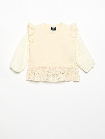 Camisola com mangas em voile de algodão e base bordada