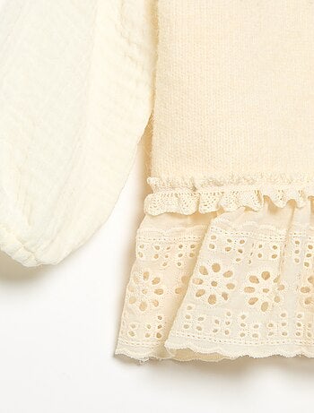 Camisola com mangas em voile de algodão e base bordada