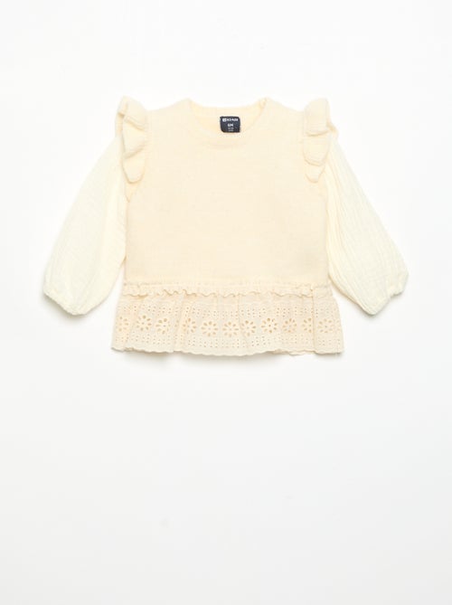 Camisola com mangas em voile de algodão e base bordada - Kiabi