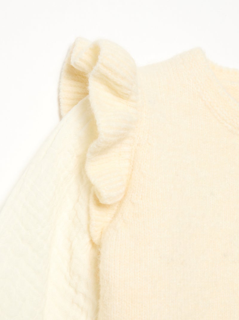 Camisola com mangas em voile de algodão e base bordada Branco - Kiabi
