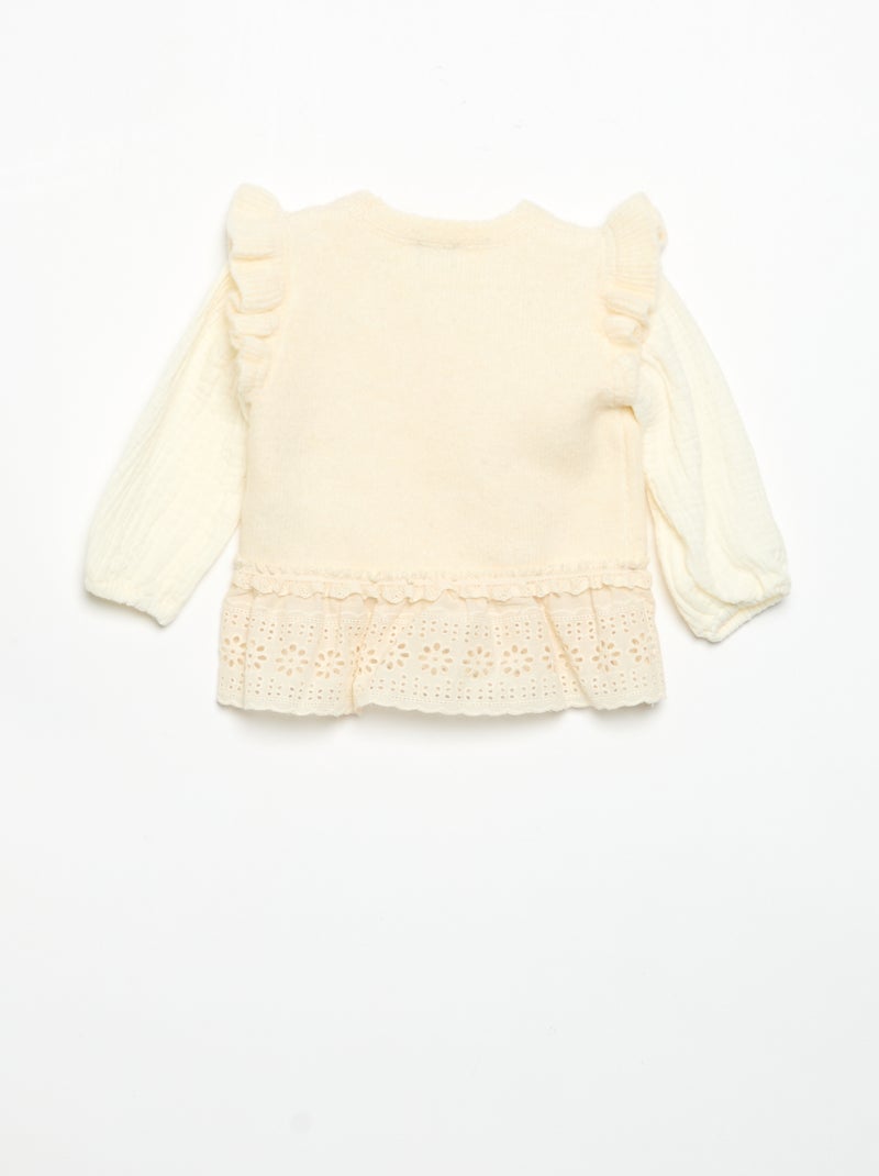 Camisola com mangas em voile de algodão e base bordada Branco - Kiabi
