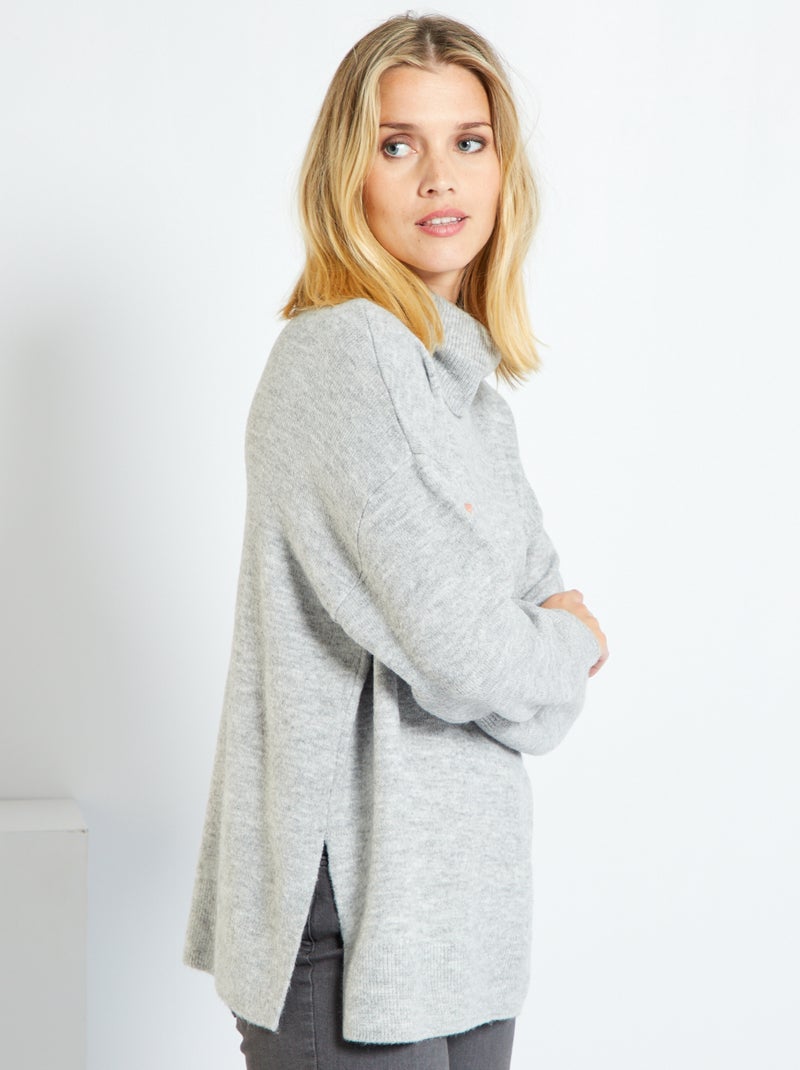 Camisola comprida com gola alta e malha mesclada CINZA - Kiabi