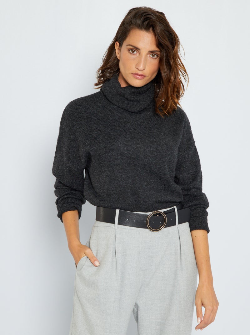 Camisola comprida com gola alta e malha mesclada CINZA - Kiabi