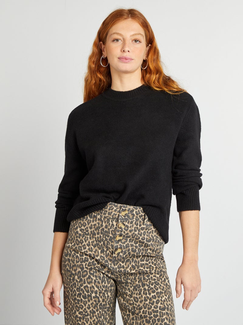 Camisola comprida de gola redonda Preto - Kiabi