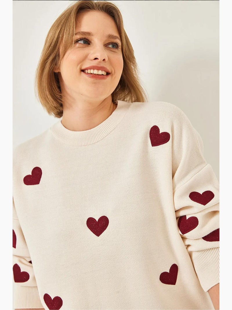 Camisola comprida de malha com bordado de coração lucci Creme - Kiabi
