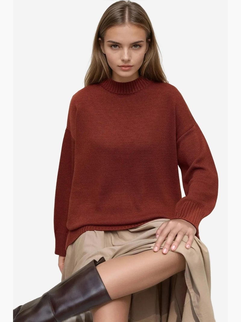 Camisola comprida de malha grossa com decote redondo hiccup Castanho-escuro - Kiabi