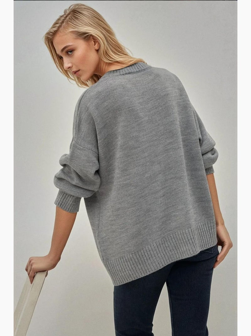 Camisola comprida de malha grossa com decote redondo hiccup Cinza - Kiabi
