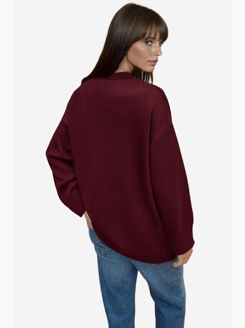 Camisola comprida de malha grossa com decote redondo hiccup Vermelho bordô - Kiabi