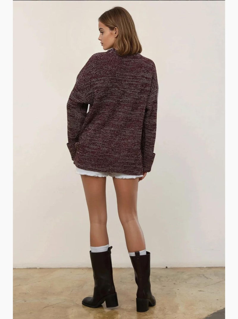 Camisola comprida de malha texturada de corte descontraído com bolsos hiccup Vermelho bordô - Kiabi