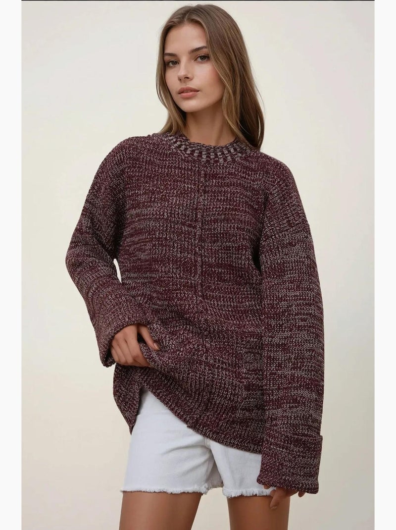 Camisola comprida de malha texturada de corte descontraído com bolsos hiccup Vermelho bordô - Kiabi
