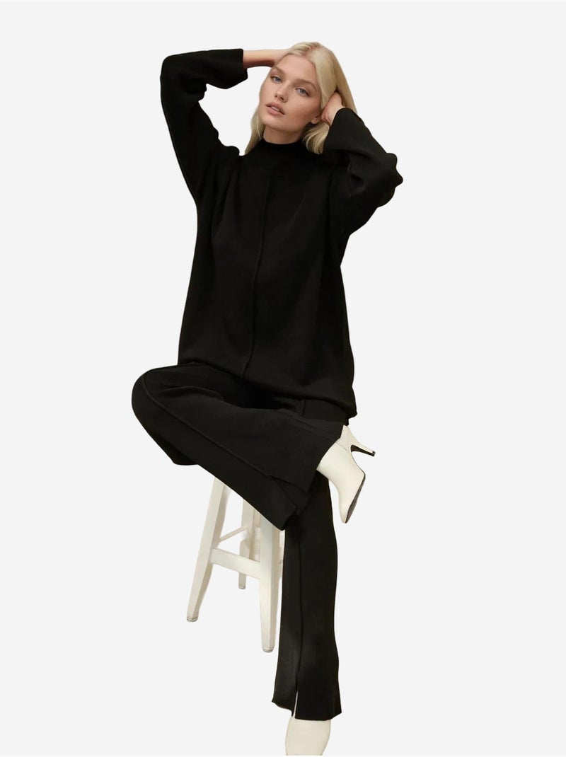 Camisola comprida e conjunto coordenado de malha com cintura subida e perna larga hiccup Preto - Kiabi