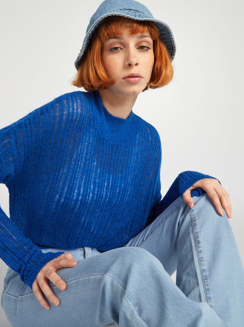 Camisola crop top em malha fina AZUL - Kiabi