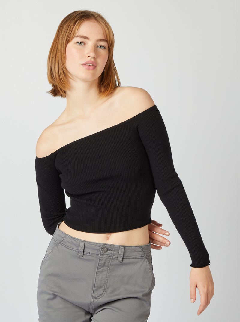 Camisola crop-top gola bardot Preto - Kiabi